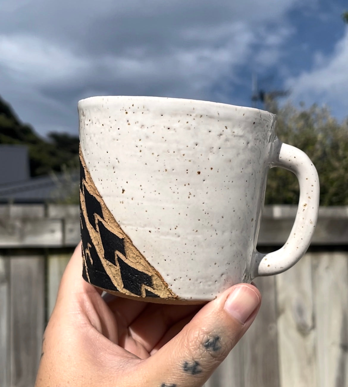 Hand Carved Ceramic Tatau Mug White (136) by MASINA CREATIVE