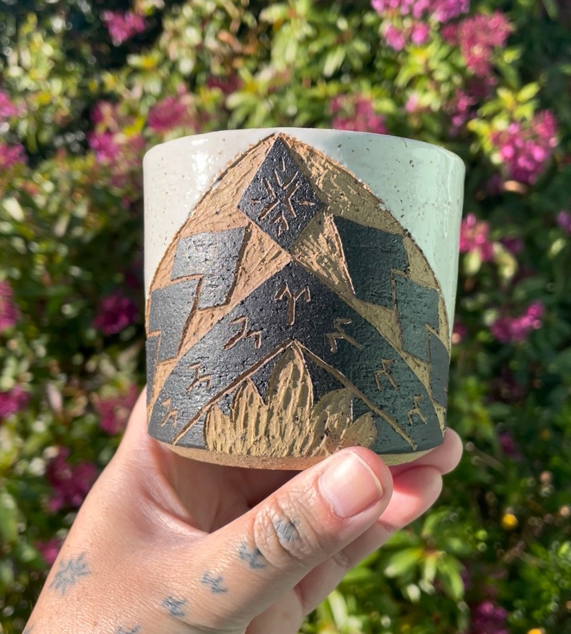 Hand Carved Ceramic Tatau Mug White (198) by MASINA CREATIVE