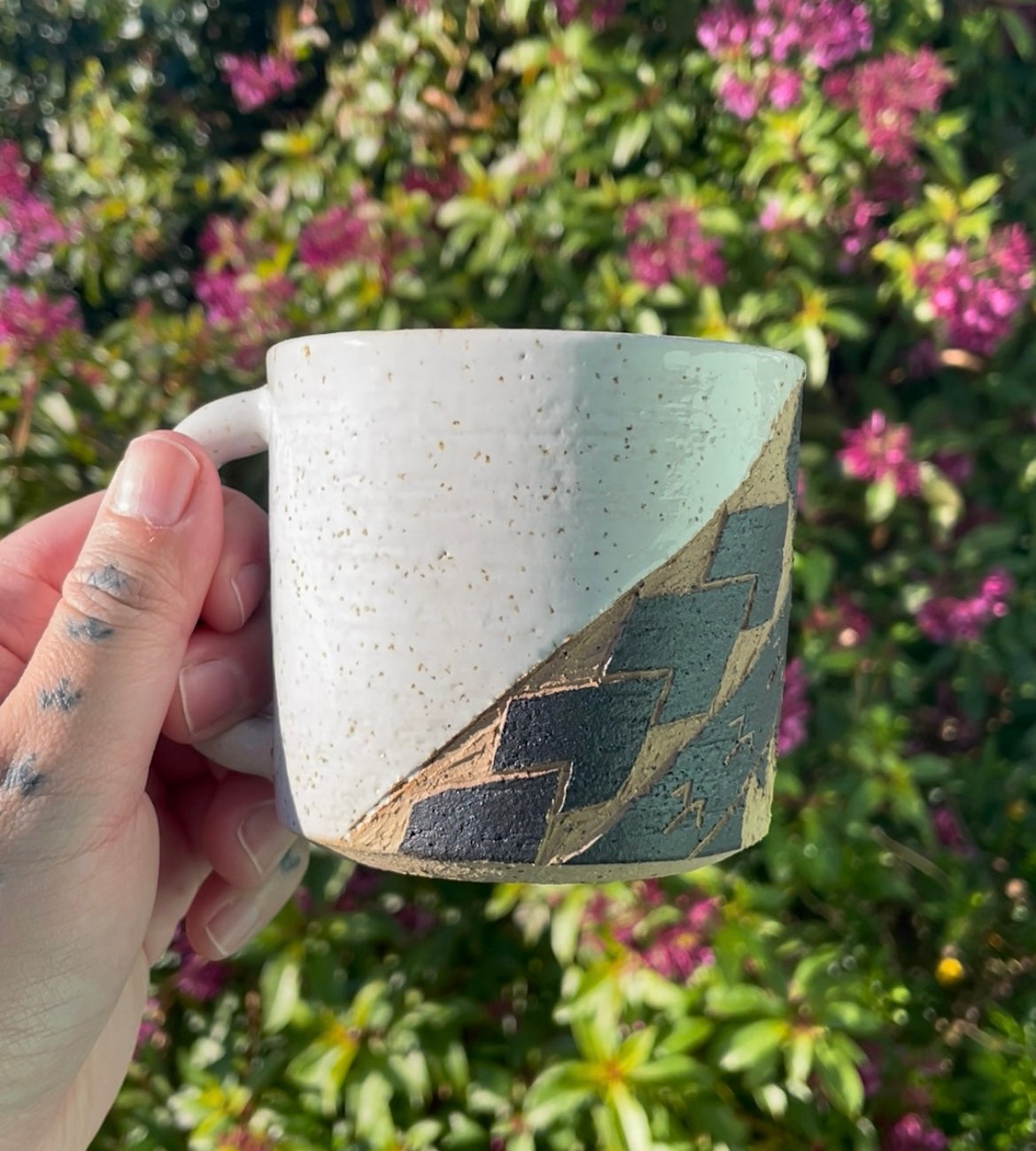 Hand Carved Ceramic Tatau Mug White (198) by MASINA CREATIVE