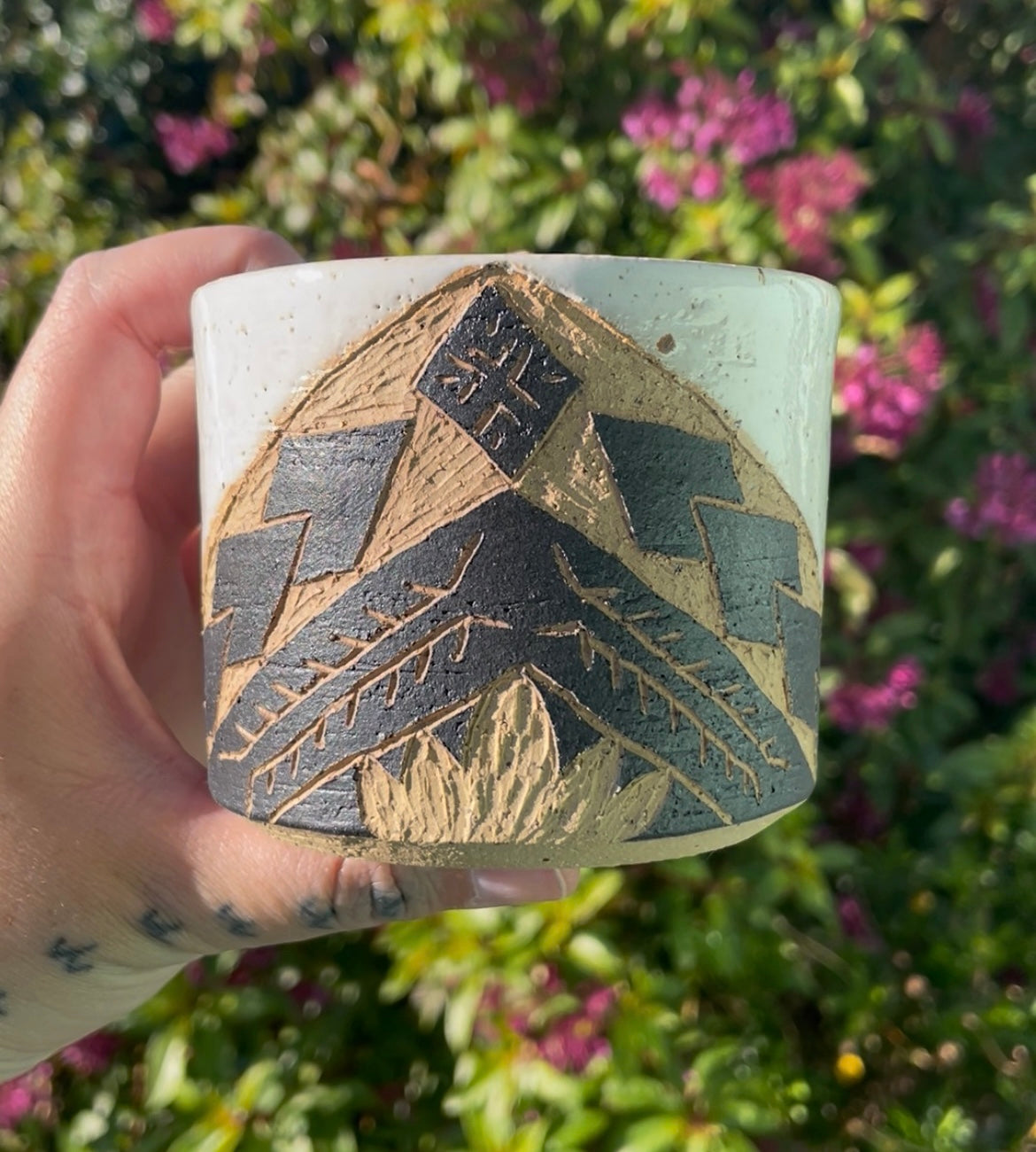Hand Carved Ceramic Tatau Mug White (199) by MASINA CREATIVE