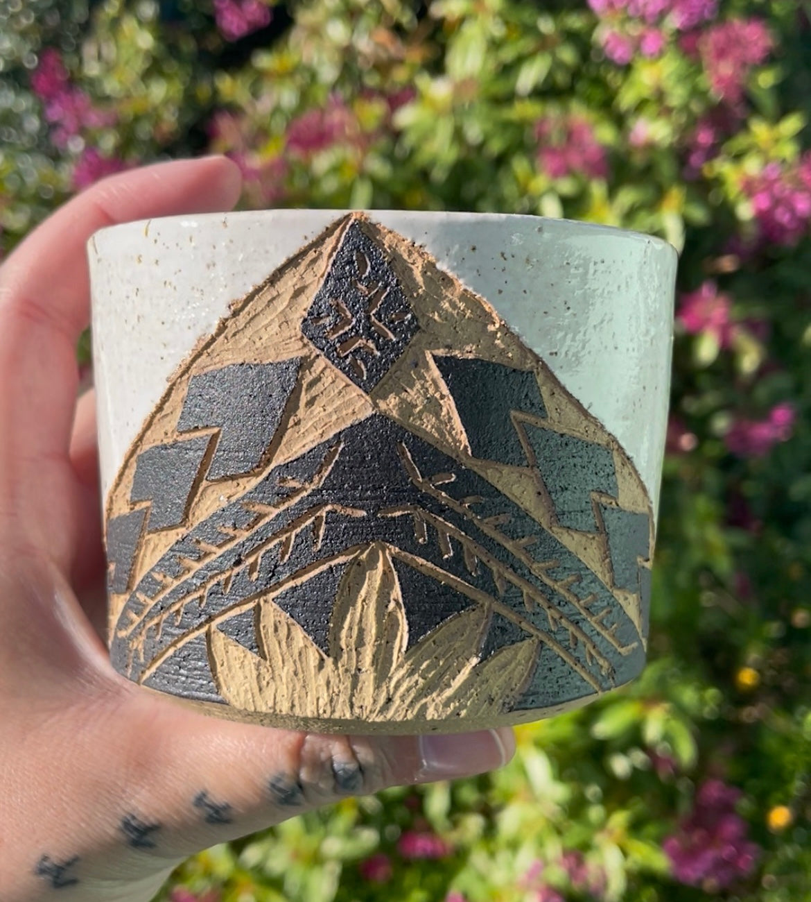 Hand Carved Ceramic Tatau Mug White (200) by MASINA CREATIVE