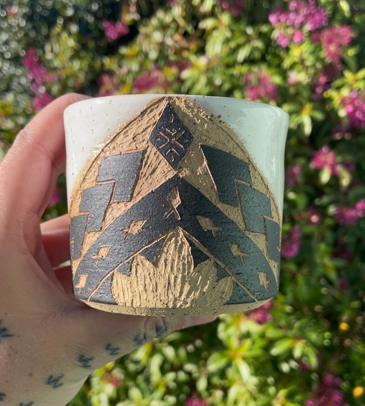 Hand Carved Ceramic Tatau Mug White (201) by MASINA CREATIVE