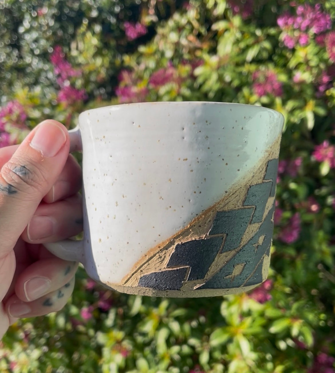 Hand Carved Ceramic Tatau Mug White (201) by MASINA CREATIVE