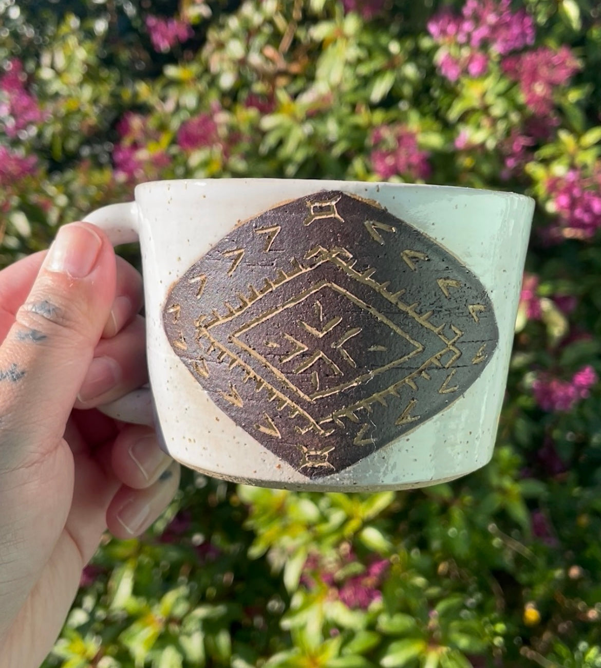 Hand Carved Ceramic Malu Mug (203) by MASINA CREATIVE