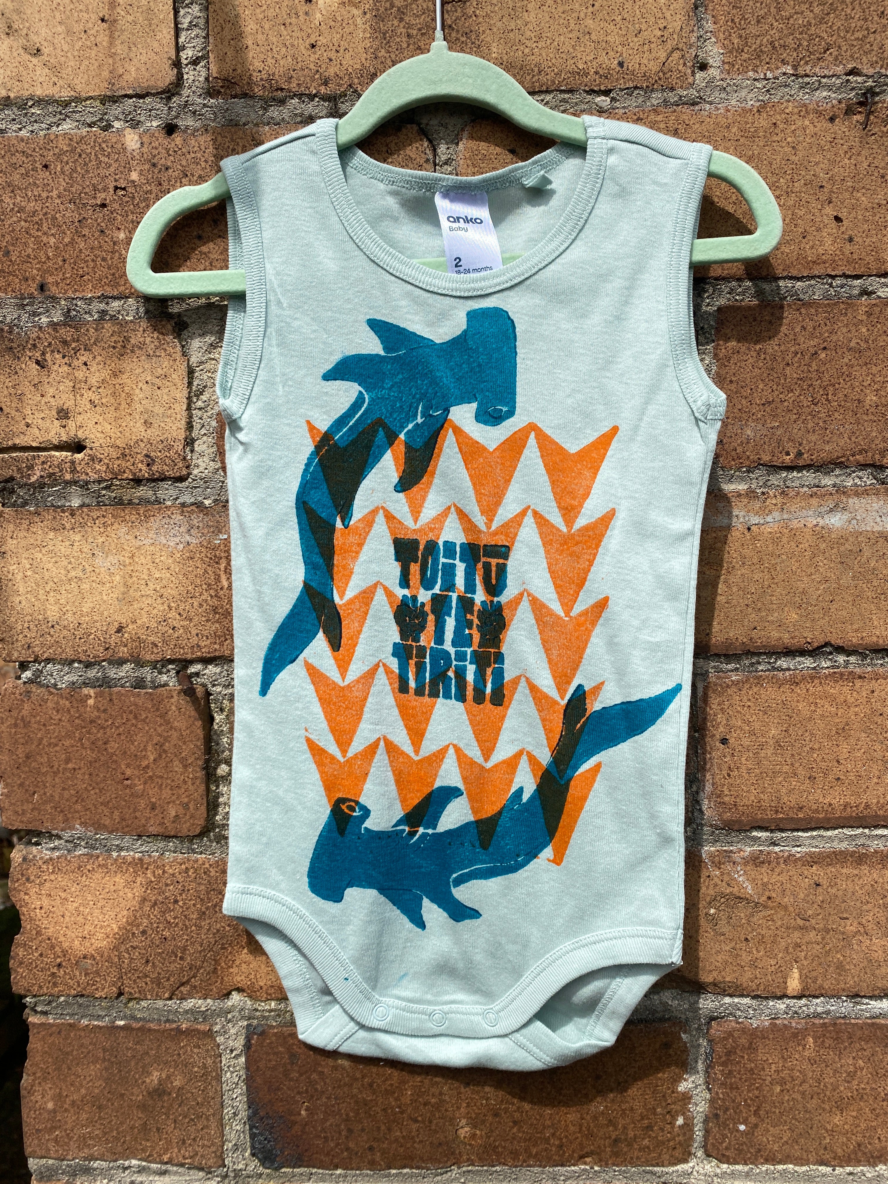 Hand-printed Sleeveless Onesie - Tamariki Size 2 by Numa Mackenzie