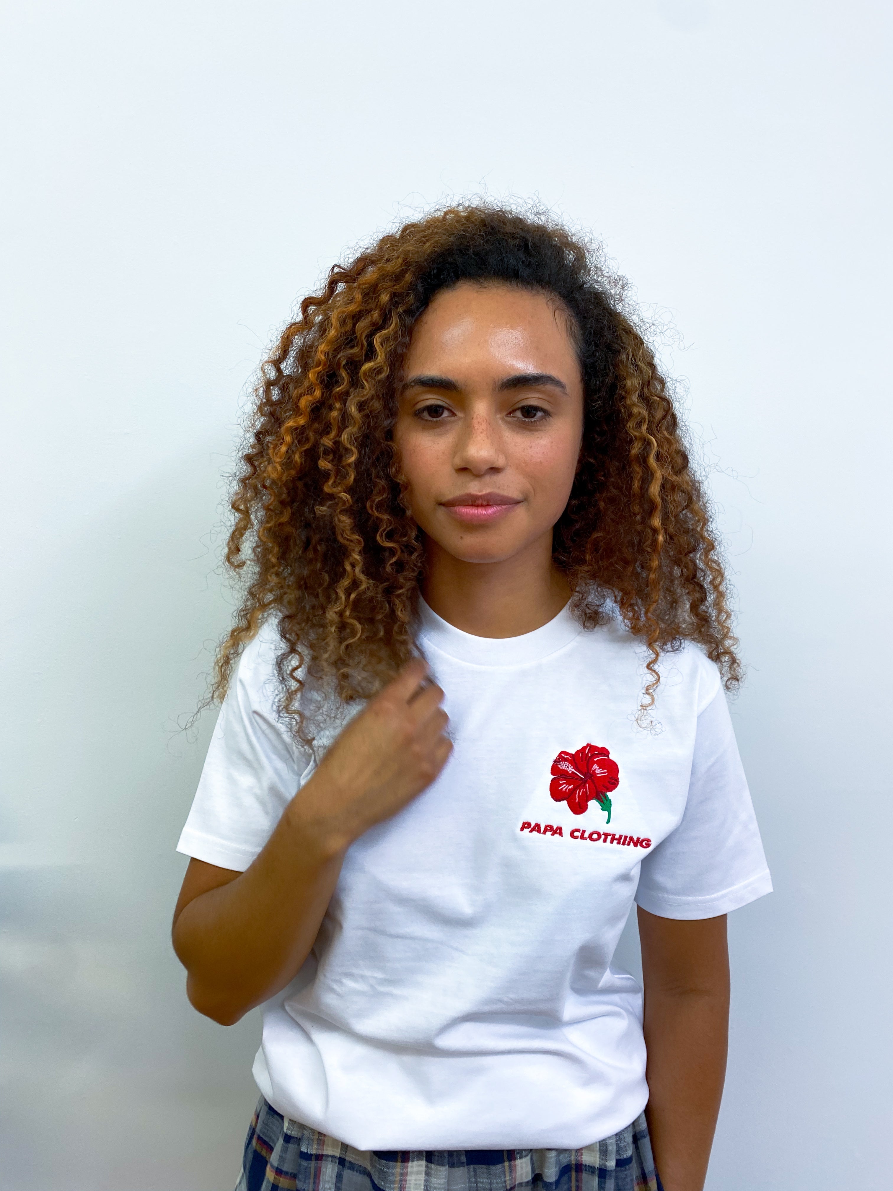 Embroidered Hibiscus Tee ~ White (non gendered) by Papa Clothing