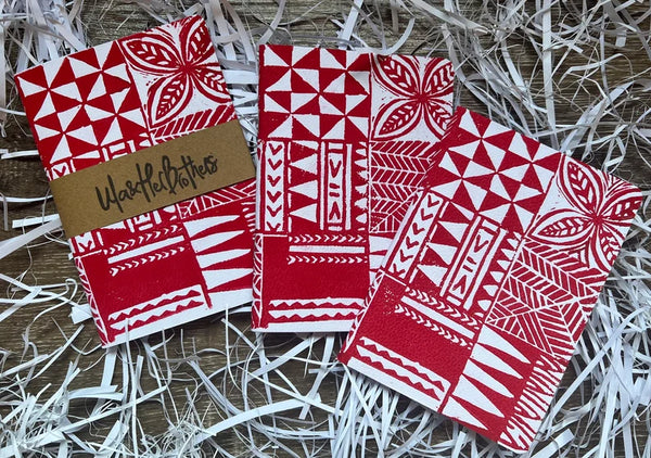 Red Pasifika Print with Hibiscus & Taro Plant A6 Handmade & Handprinted Unlined Notebook by Ula&HerBrothers