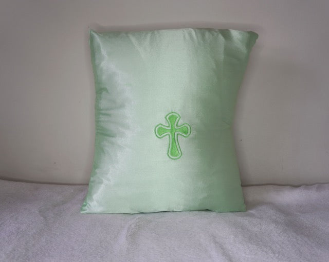 Holy Cross Embroidered Satin Pillow by Shiloh Sagapolu