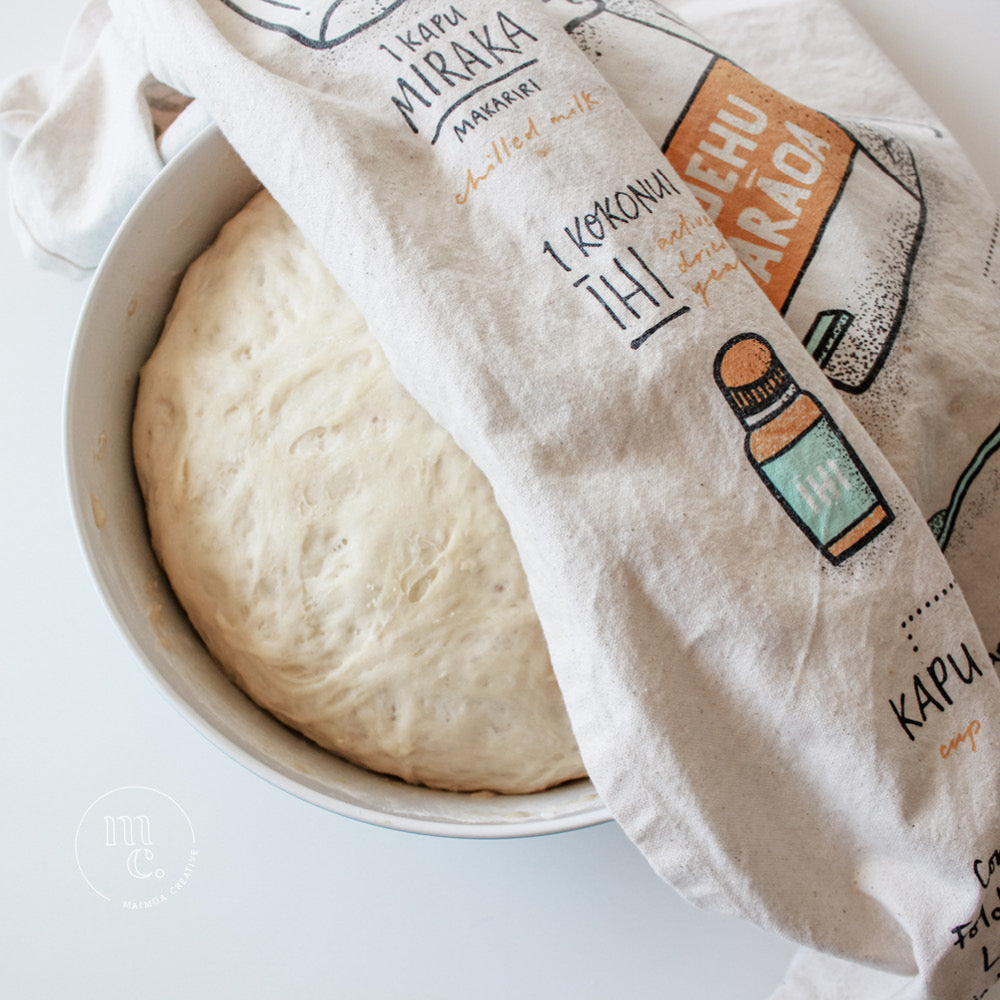 Parāoa Parai - 'Fry Bread Recipe' Tea Towel by Maimoa Creative